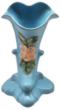 VINTAGE WELLER ART POTTERY BLUE CORNUCOPIA VASE